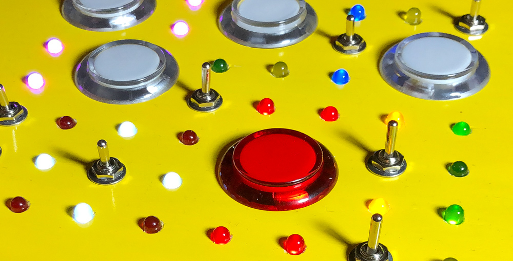 Close up of switches, LEDs, and buttons