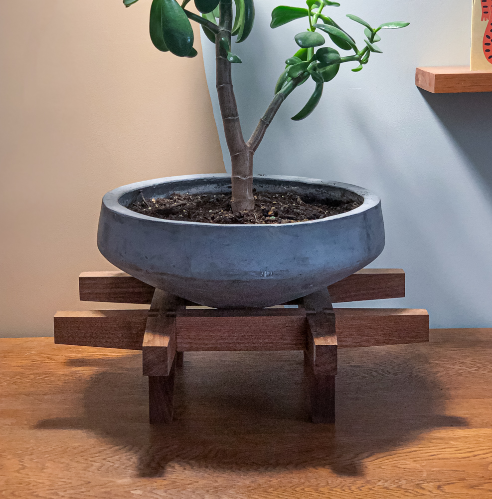 Plant stand on a dresser holding a jade plant